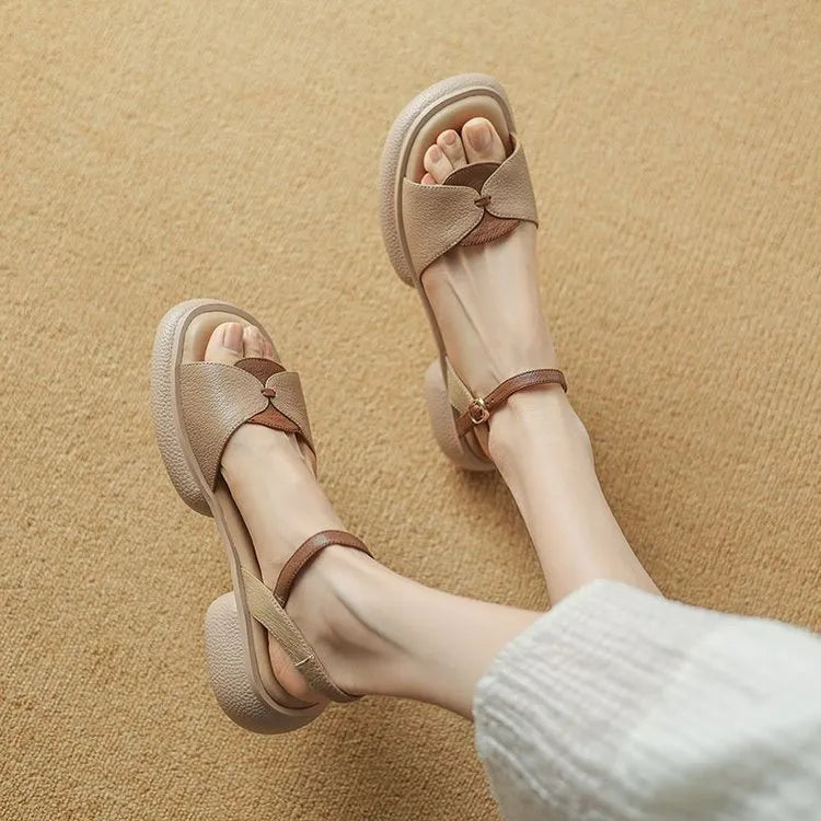 Women's khaki platform sandals with chunky heel and open toe design featuring renewable leather uppers