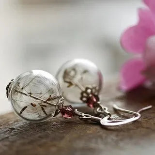Transparent glass ball earrings with crystal dandelion pattern on French hooks, 16mm diameter