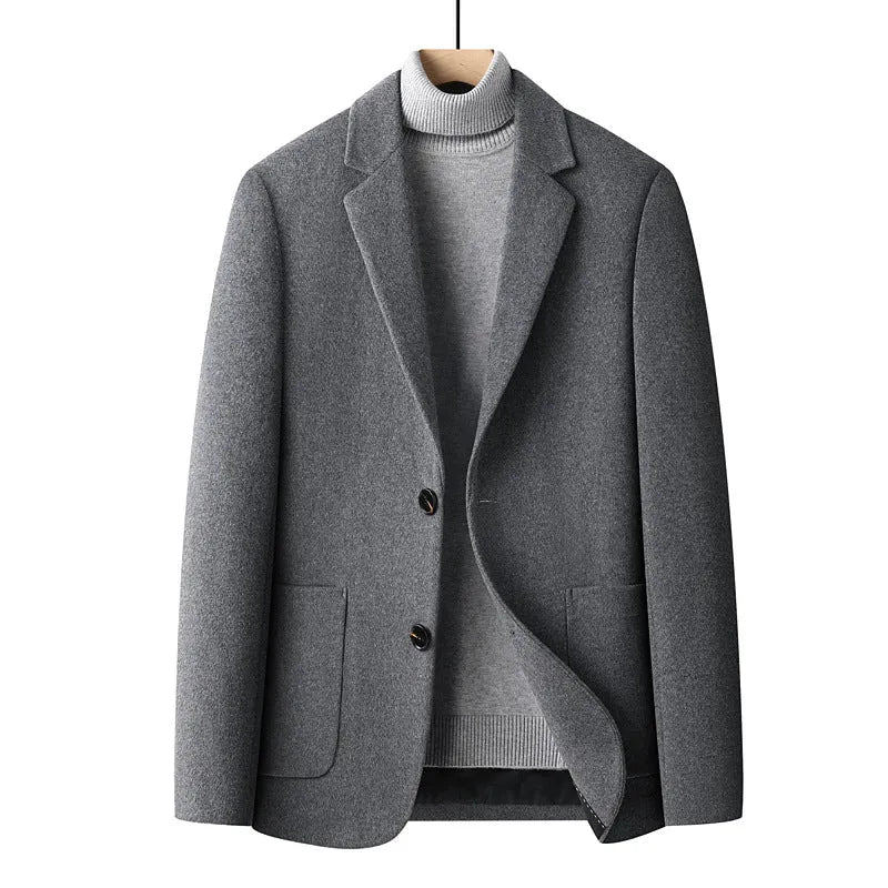 Men's slim-fit wool suit jacket in grey, black, camel, or houndstooth with non-ironing fabric for autumn wear.