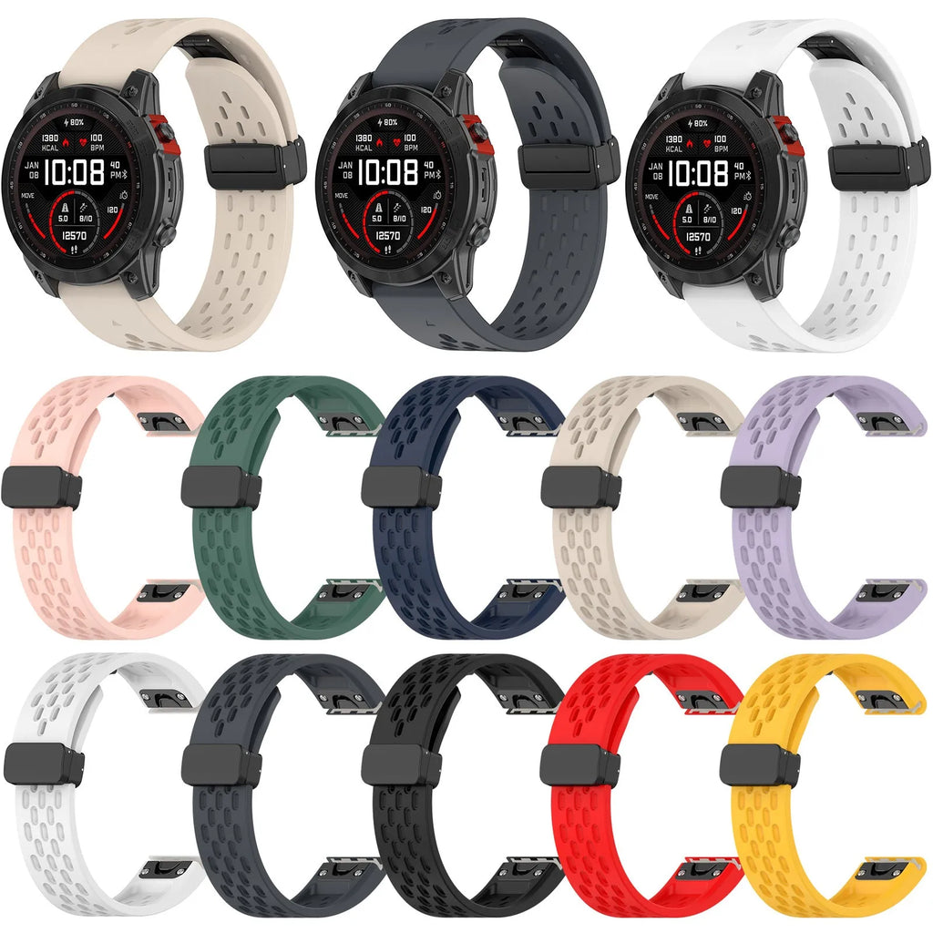 Fenix8 quick-release silicone watch strap in multiple colours showing porous texture and tool-free mechanism