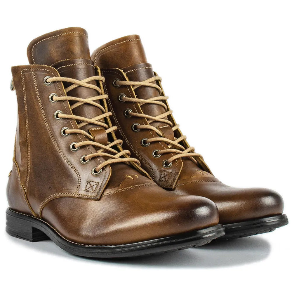 Knight Series black and brown two-tone leather boots with side zipper and low heel