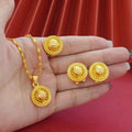 Gold-plated three-piece jewellery set with floral design, showing necklace, earrings, and ring with electroplated finish