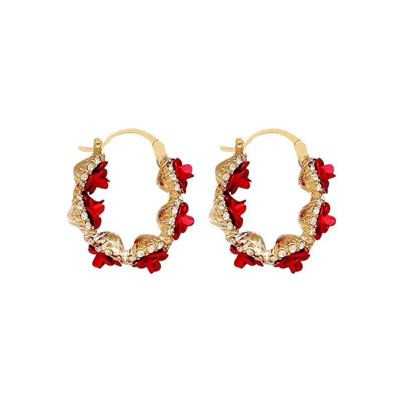 Red floral alloy clip-on earrings with rose detail for women