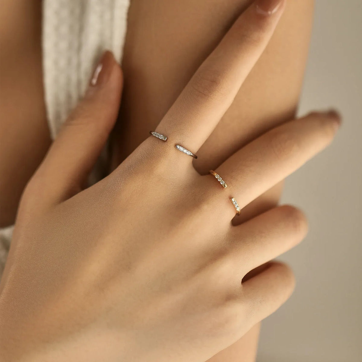 Silver adjustable open ring with diamond-set geometric design, 0.9g, shown in silver and gold colour options