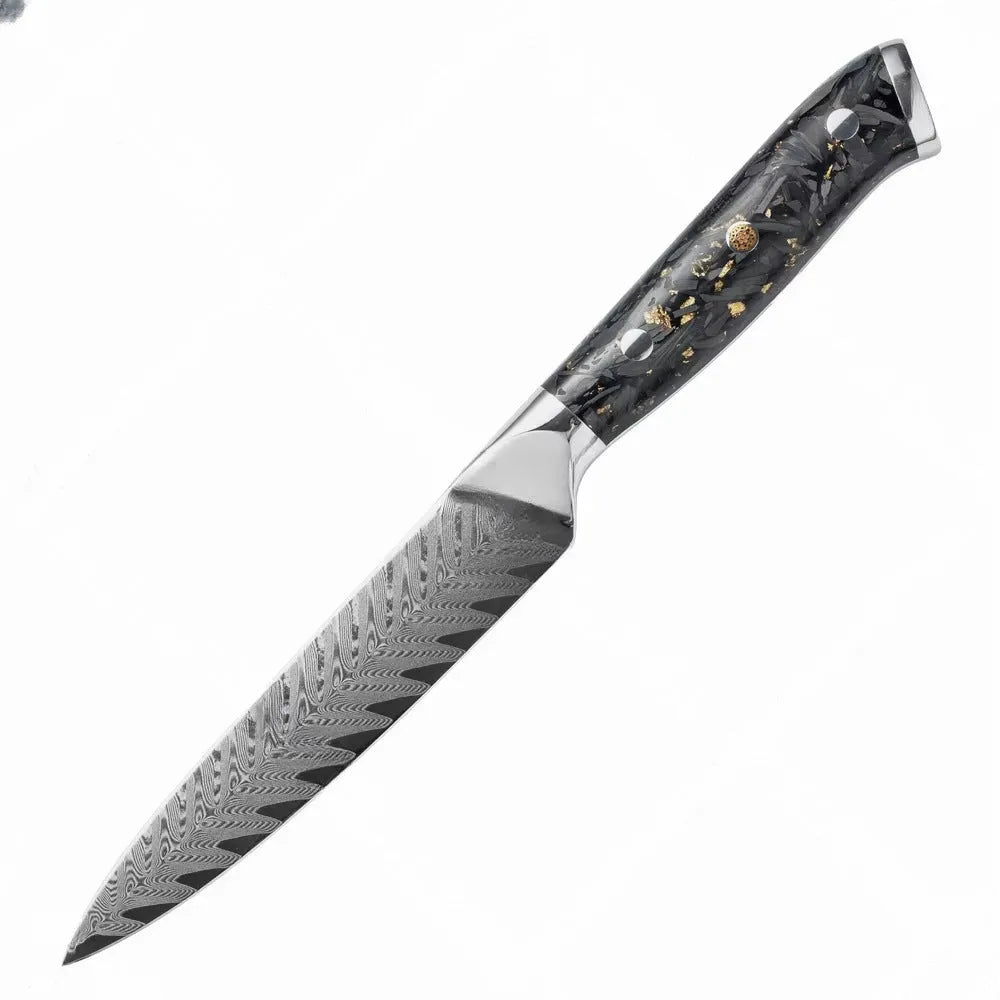 67-layer Damascus steel kitchen knife set with fishbone pattern, showing 8 knives including fruit, steak, and boning knives