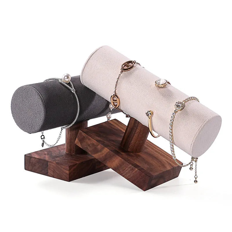 Solid wood antique style bracelet display stand with short cylinder inserts in choice of colours