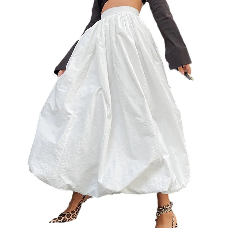 Women's solid colour long cotton skirt in white or black, casual girlish style.
