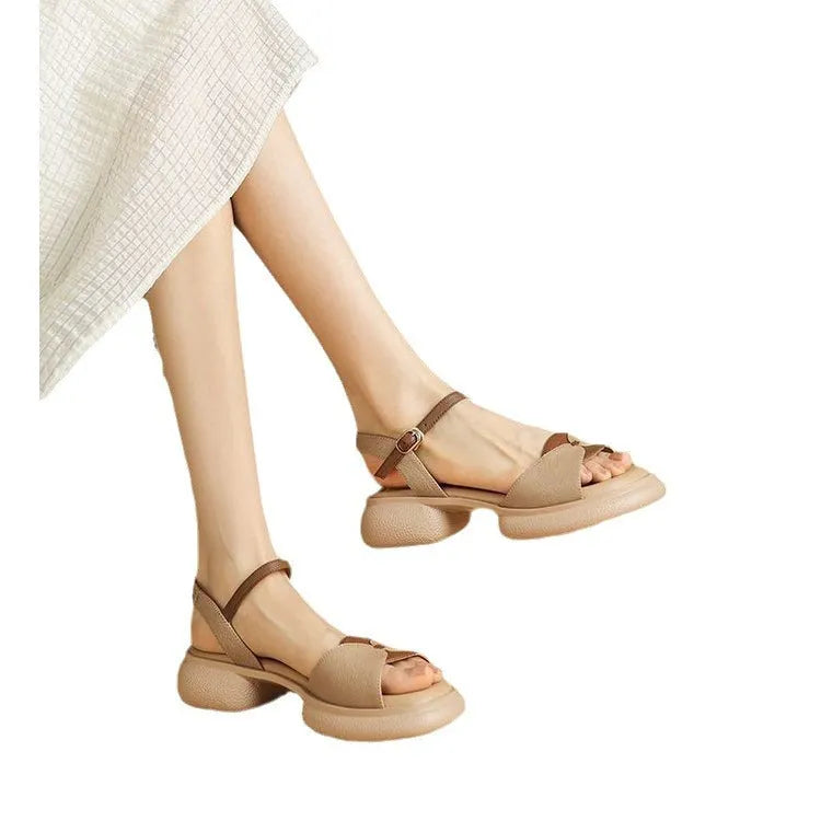 Women's khaki platform sandals with chunky heel and open toe design featuring renewable leather uppers