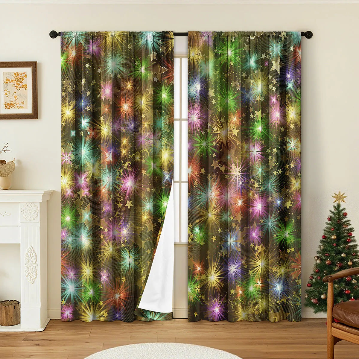 3D digitally printed Christmas curtains pair showing textured festive pattern on polyester fabric