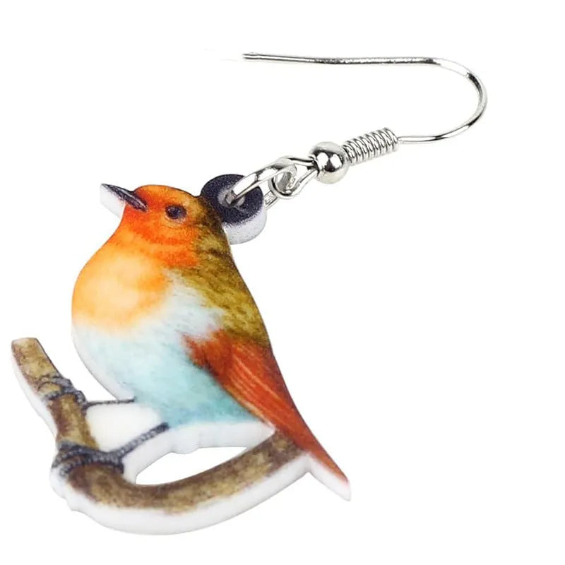 Acrylic geometric earrings with blue titmouse pendant design and snake element accents