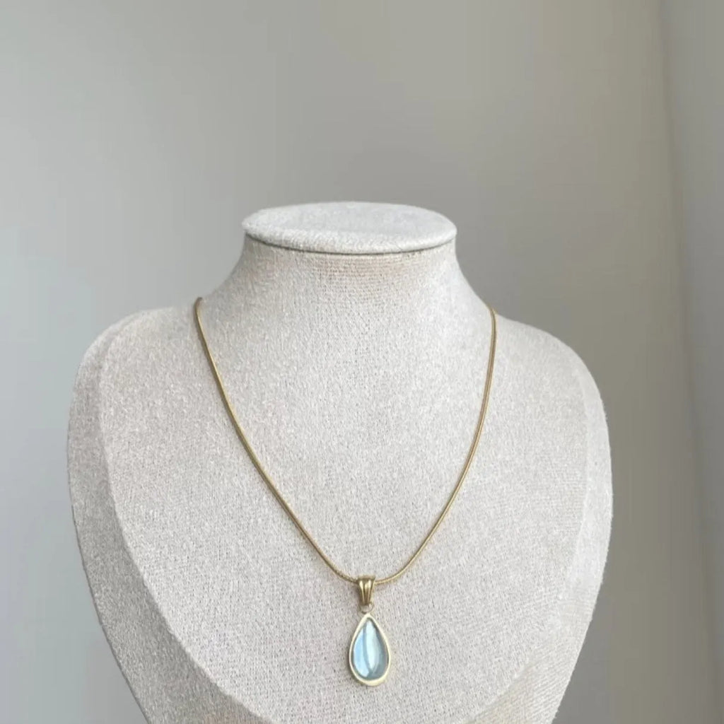 Retro water drop necklace with titanium steel snake bones chain and mixed gem inlaid pendant in blue and green colour options