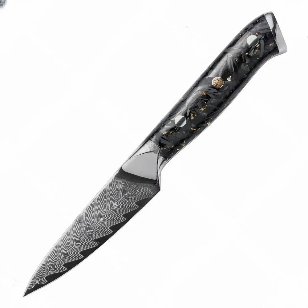 67-layer Damascus steel kitchen knife set with fishbone pattern, showing 8 knives including fruit, steak, and boning knives