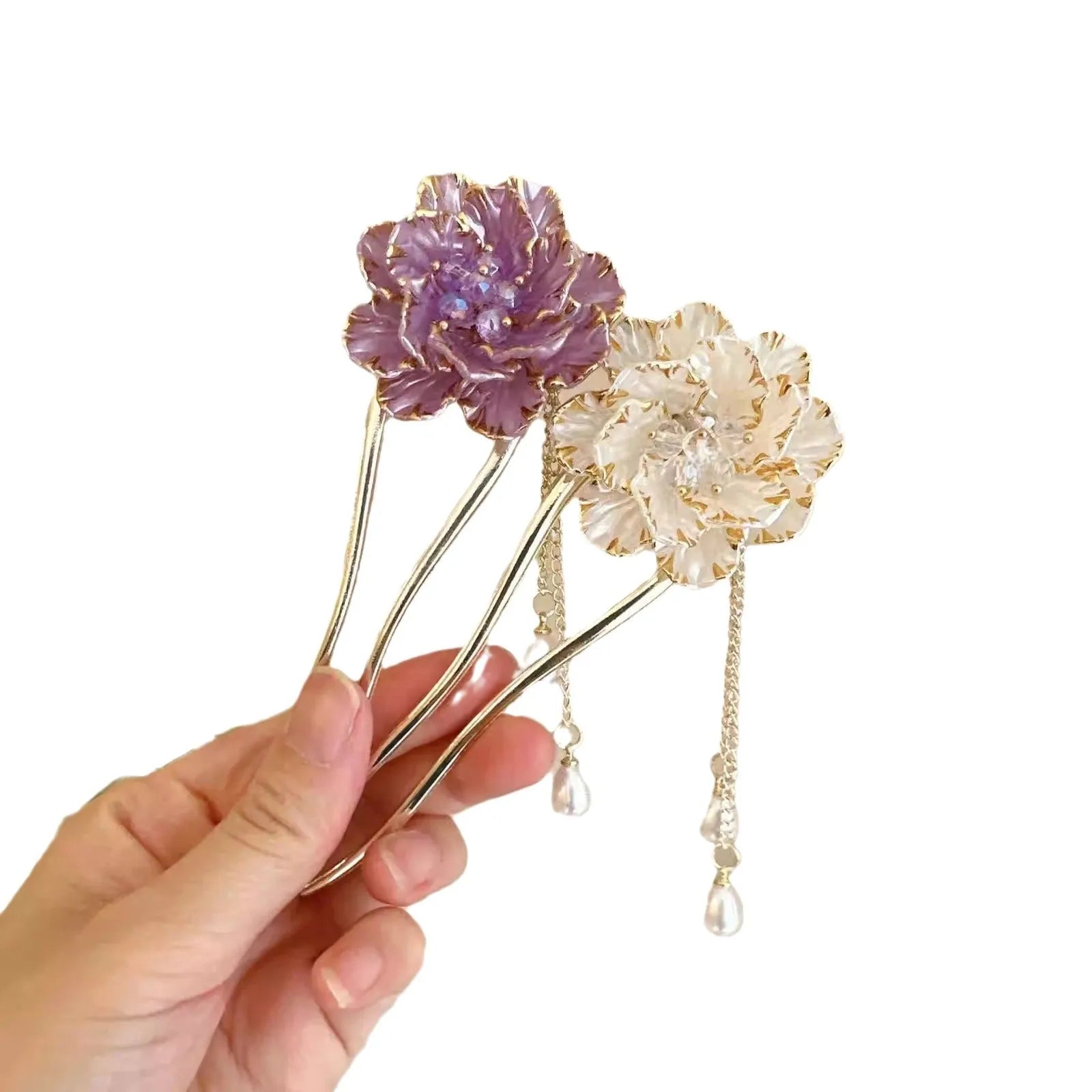 Purple and white peony flower tassel U-shaped hairpin with 6cm alloy design