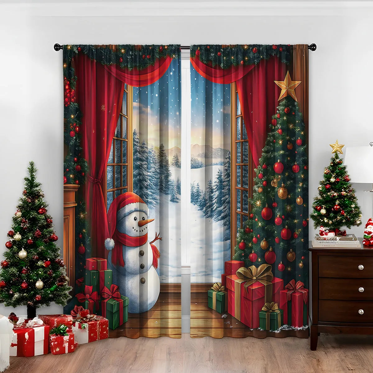 3D digital printed Christmas curtain in a European style, showing modern simplicity design and polyester fabric