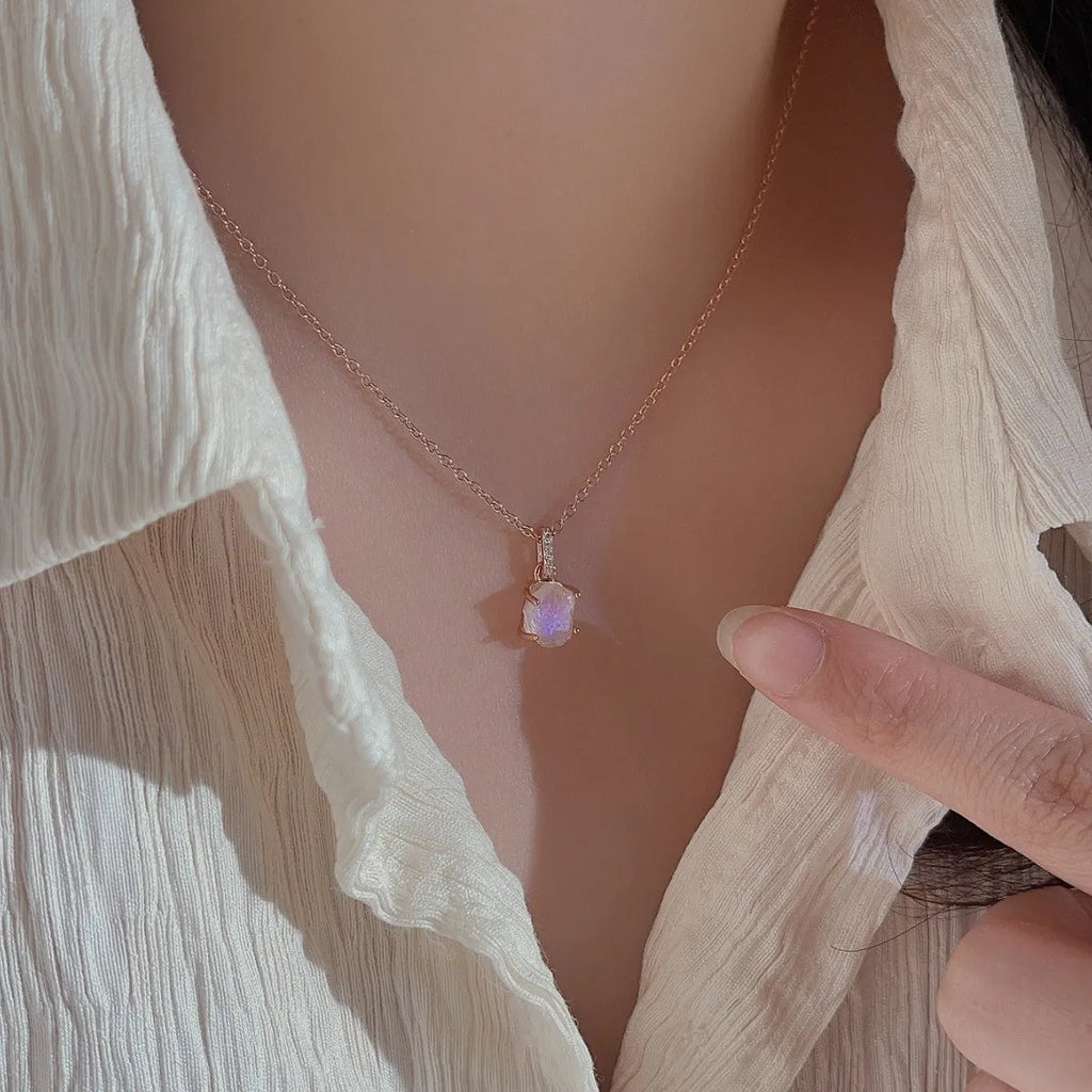S925 sterling silver geometric moonstone pendant necklace with adjustable curb chain in platinum or rose gold finish