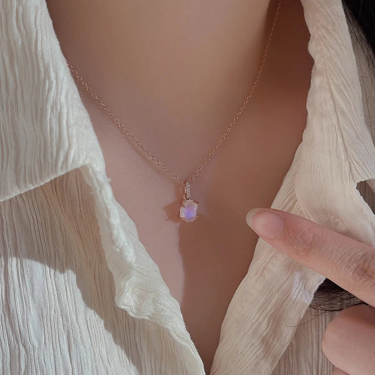 S925 sterling silver geometric moonstone pendant necklace with adjustable curb chain in platinum or rose gold finish
