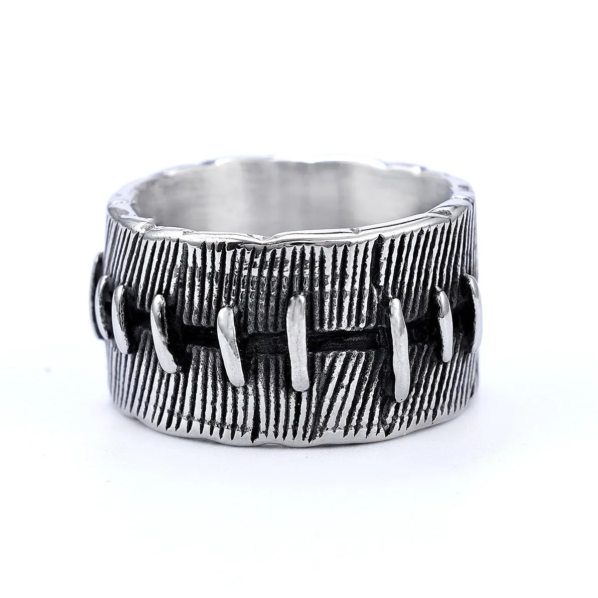 Geometric dark punk stitched titanium steel ring with U-shaped double design in retro colour