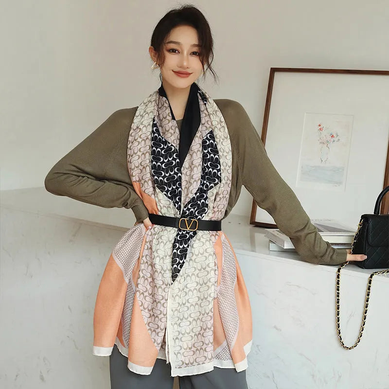 Vintage printed polyester scarf showing 180cm length and 90cm width with autumn-appropriate design