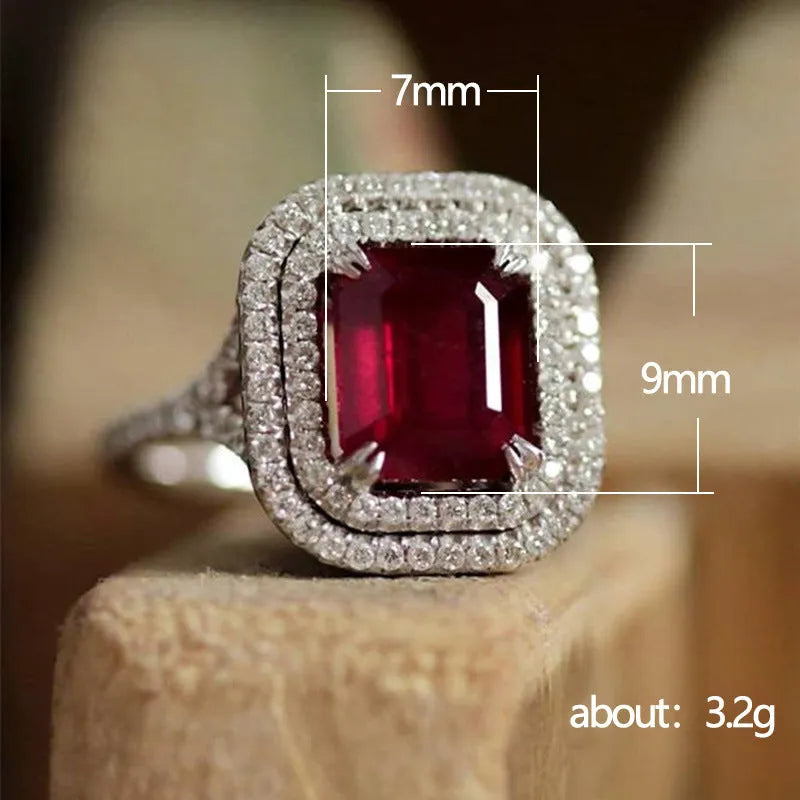Copper rhinestone square princess ring in F827 red colour, showing geometric design and UK sizes 6-10.