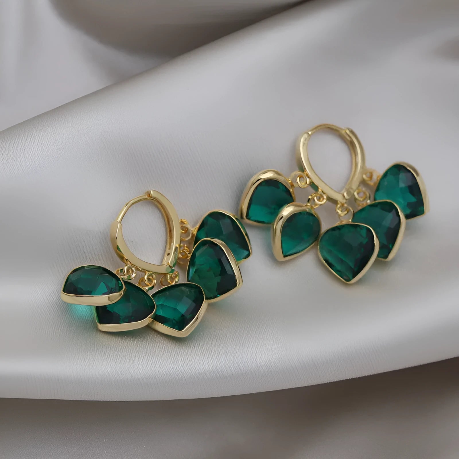 Green glass heart pendant earrings with Korean style design and ear clip fitting
