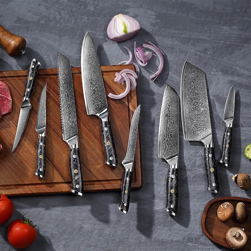 67-layer Damascus steel kitchen knife set with fishbone pattern, showing 8 knives including fruit, steak, and boning knives