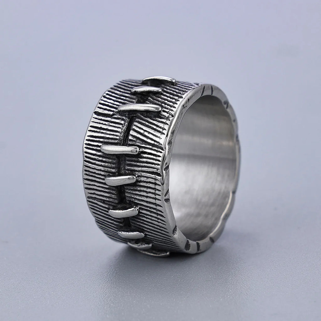 Geometric dark punk stitched titanium steel ring with U-shaped double design in retro colour