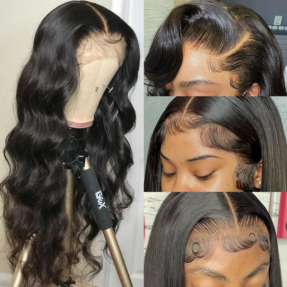 Black synthetic front lace wig with long curly hair and side bangs, showing natural hairline and 180% density