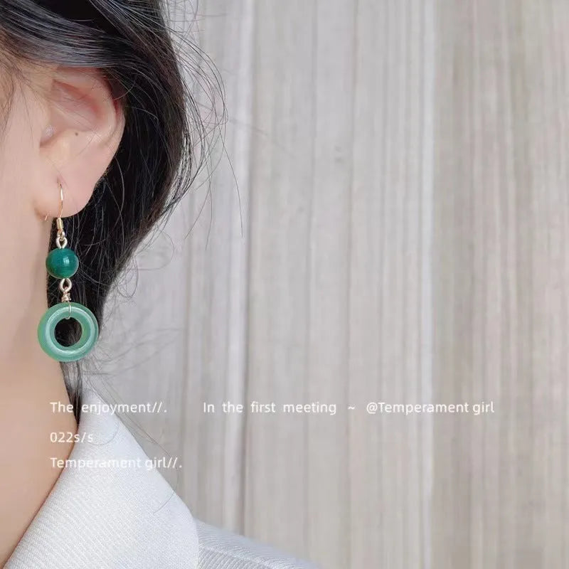 Green jade design cheongsam peace buckle earrings with geometric shape and zinc alloy construction