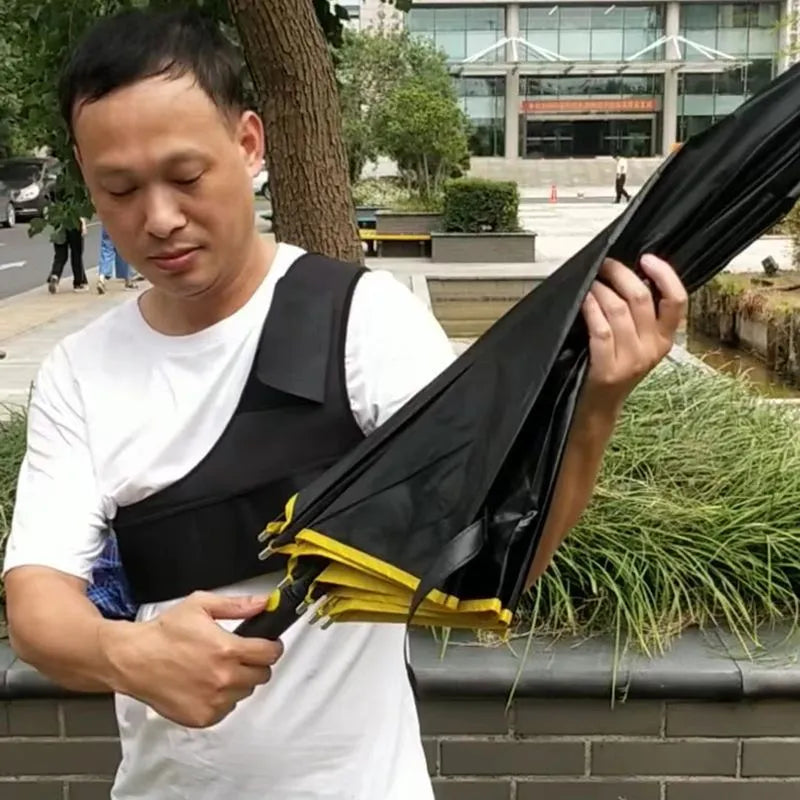 Black portable umbrella holder with shoulder strap, adjustable for 45-95kg users, holding a 10-bone manual umbrella.