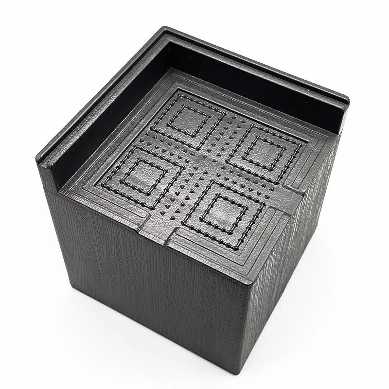 Four black plastic bed foot mats showing 2.5cm height increase for furniture legs