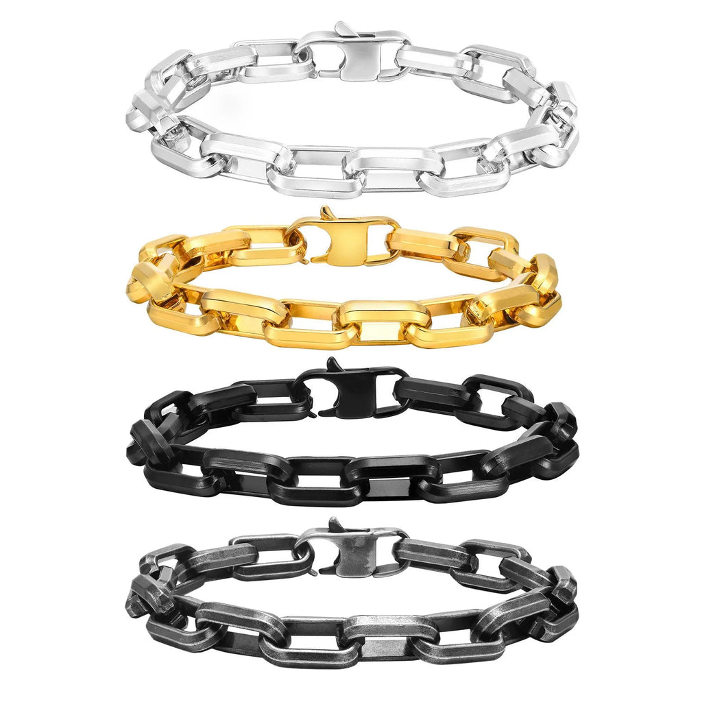 Stainless steel men's bracelet with square chain design in electroplated steel, gold, black, or retro colour