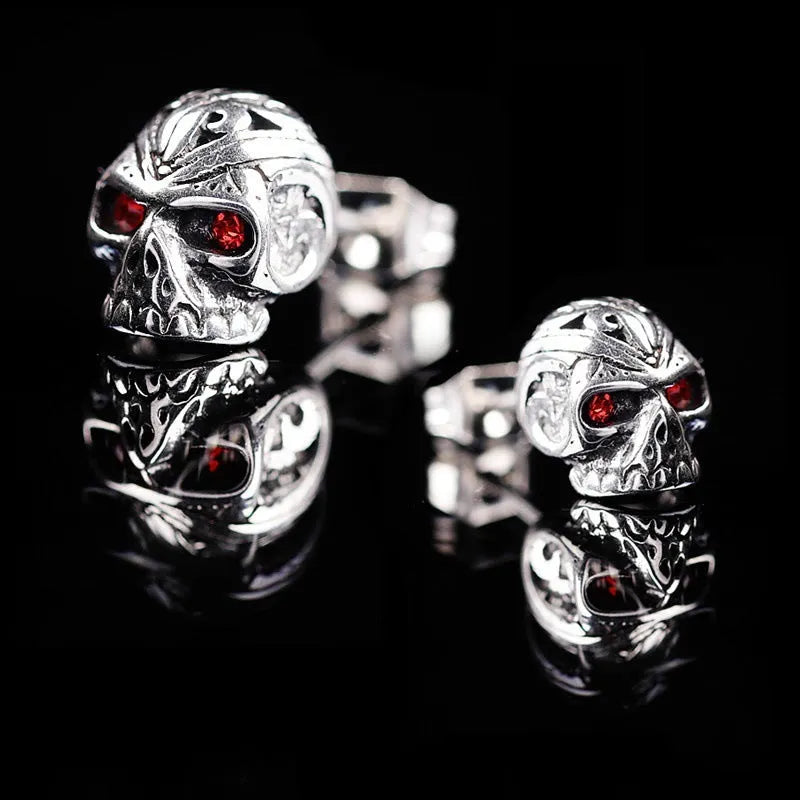 Retro skull stud earrings with red eye ghost design, alloy construction with electroplated finish, measuring 1.5 cm in height