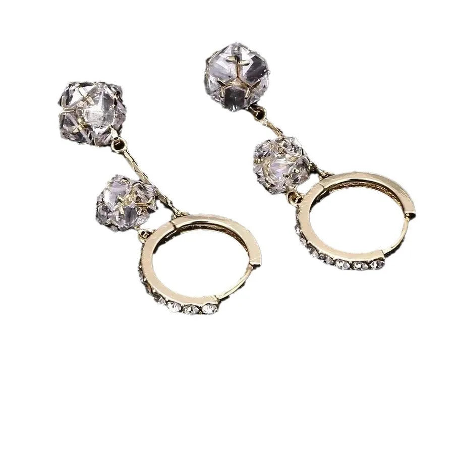 Silver confession balloon double pendant rhinestone ball tassel earrings with ear clip fastening