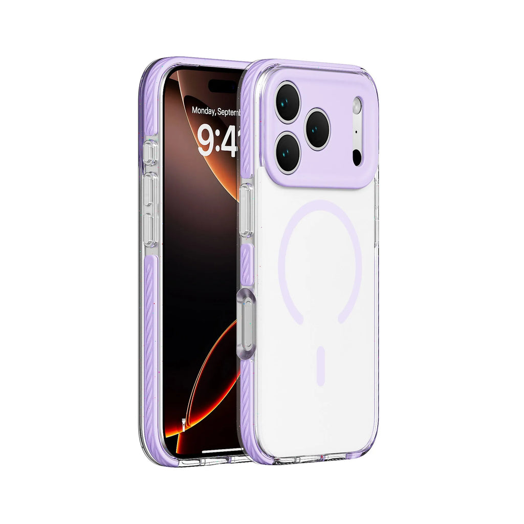 Magnetic transparent iPhone protective case in candy colours showing drop-resistant design