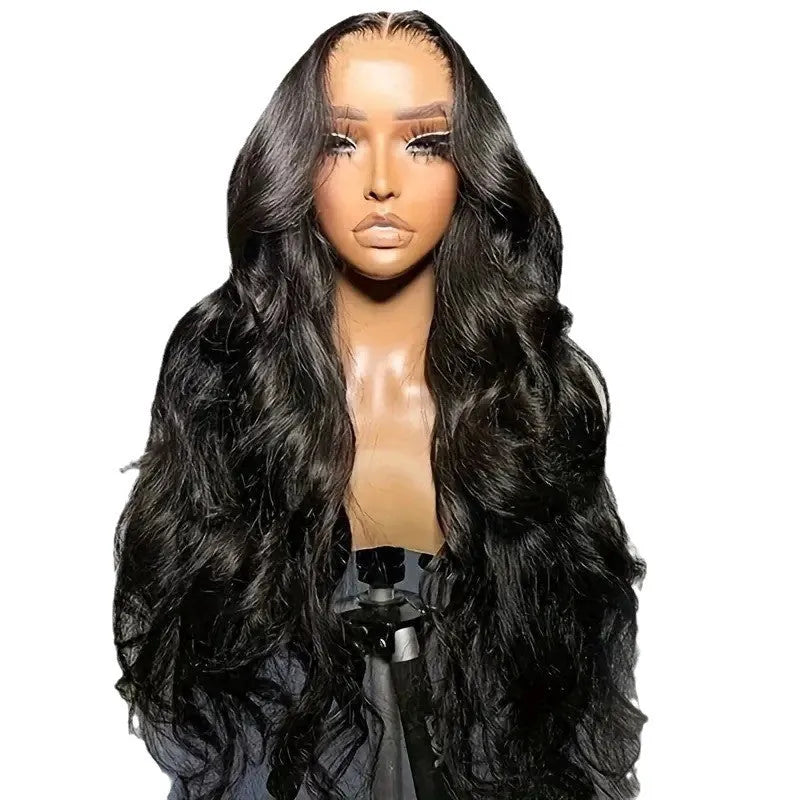 Black big wave style ladies wig with lace front on a mannequin head.