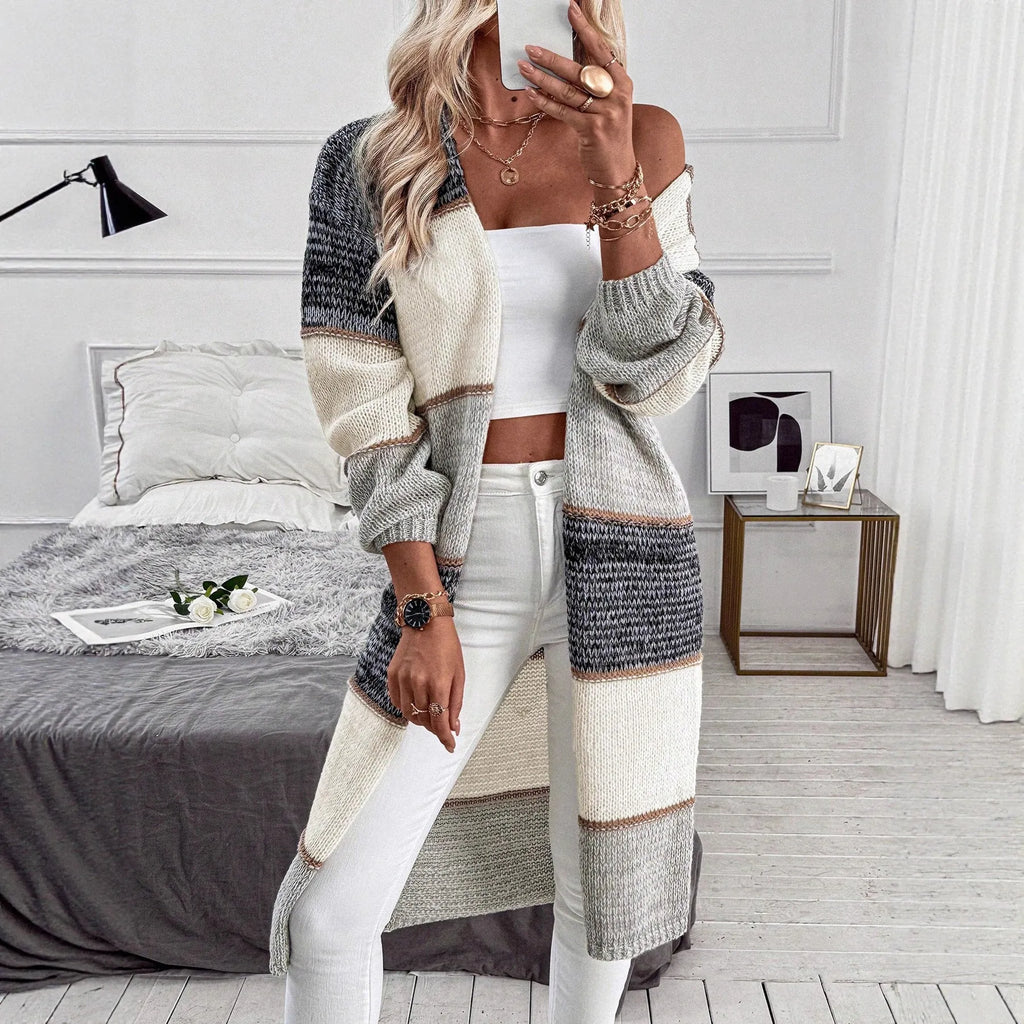 Grey knitted long cardigan with striped pattern, loose fit, and long sleeves for women's casual wear
