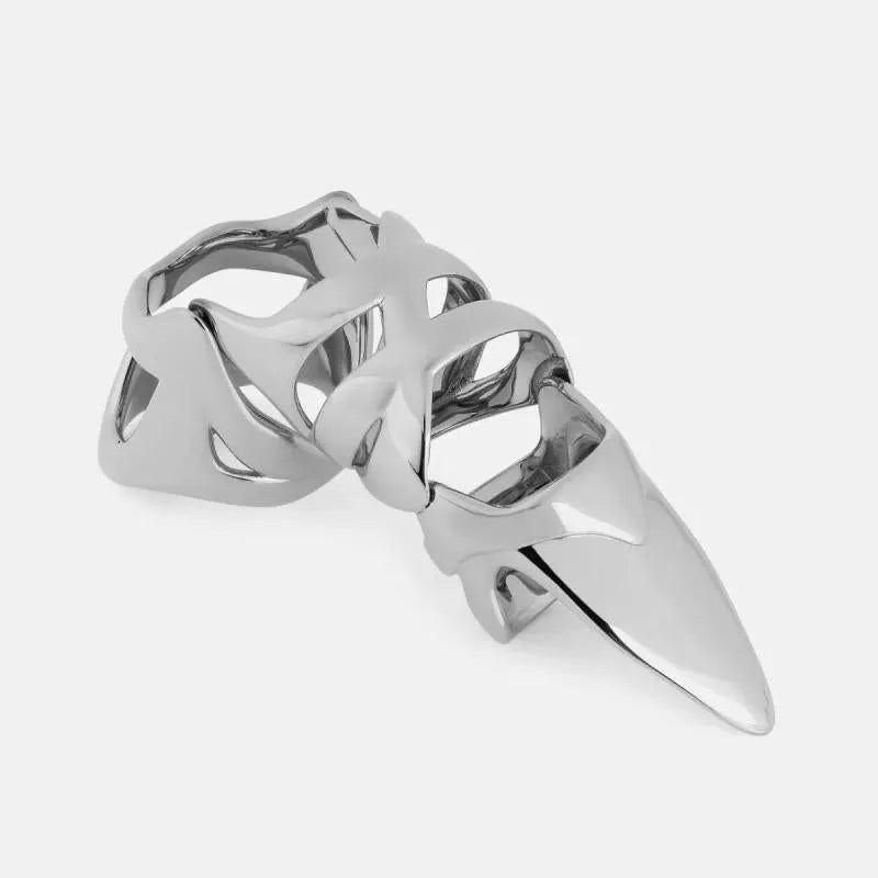 Silver alloy punk armour finger stall with textured ridges on a hand