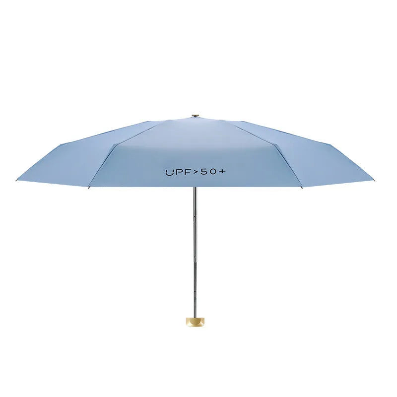 Closed five-fold compact sun umbrella with rubber handle, shown in a selection of colours.