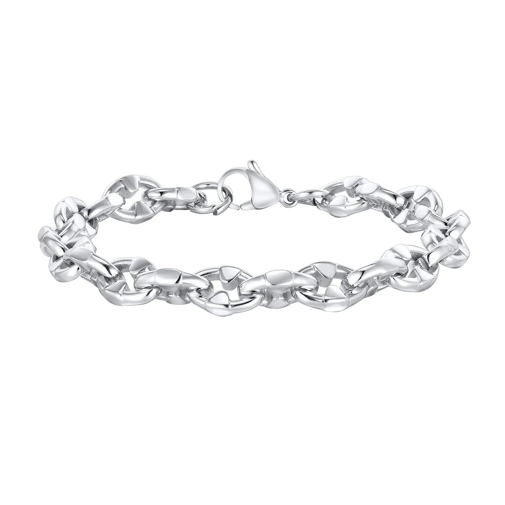 Stainless steel geometric chain bracelet with 6mm thick links and adjustable clasp on wrist
