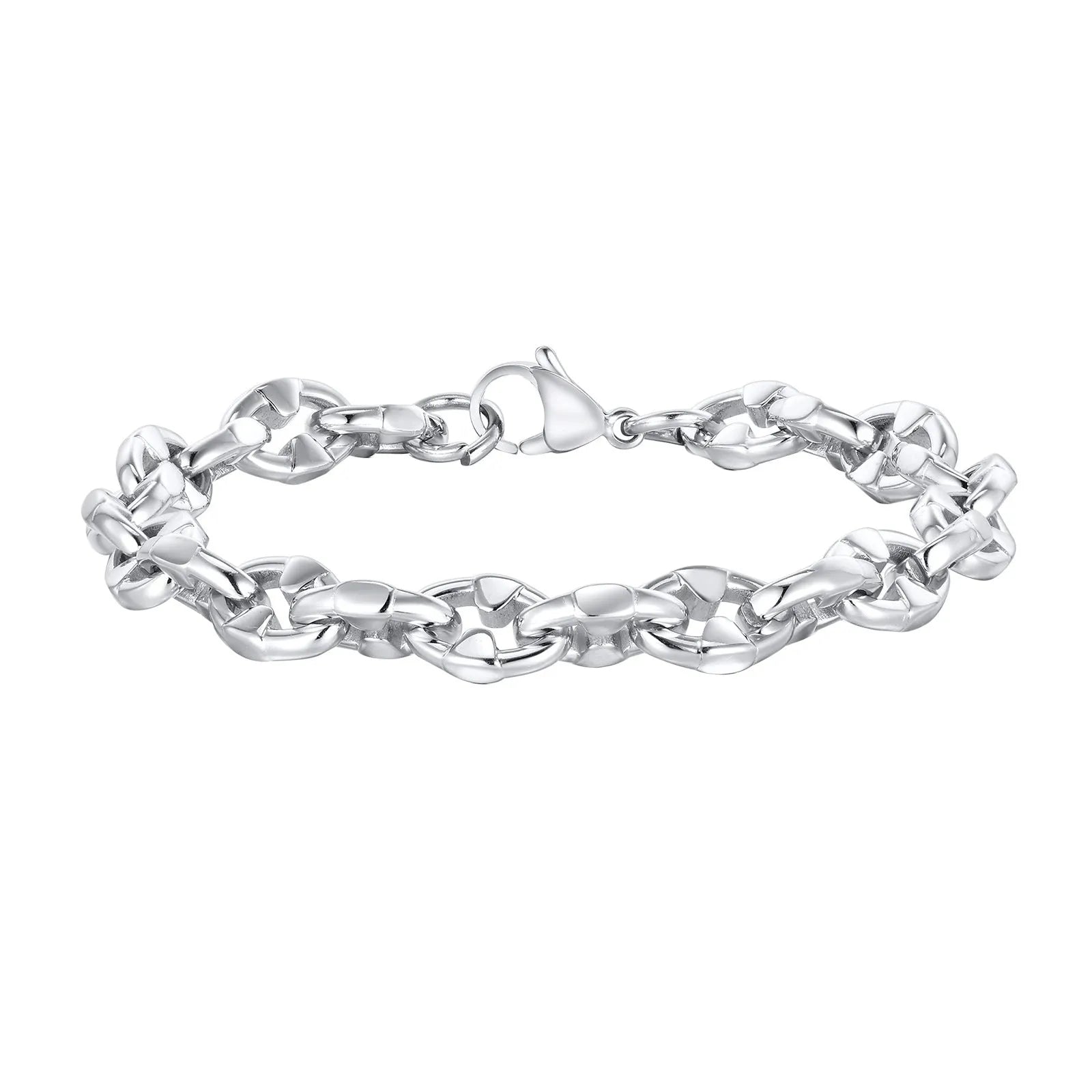 Stainless steel geometric chain bracelet with 6mm thick links and adjustable clasp on wrist
