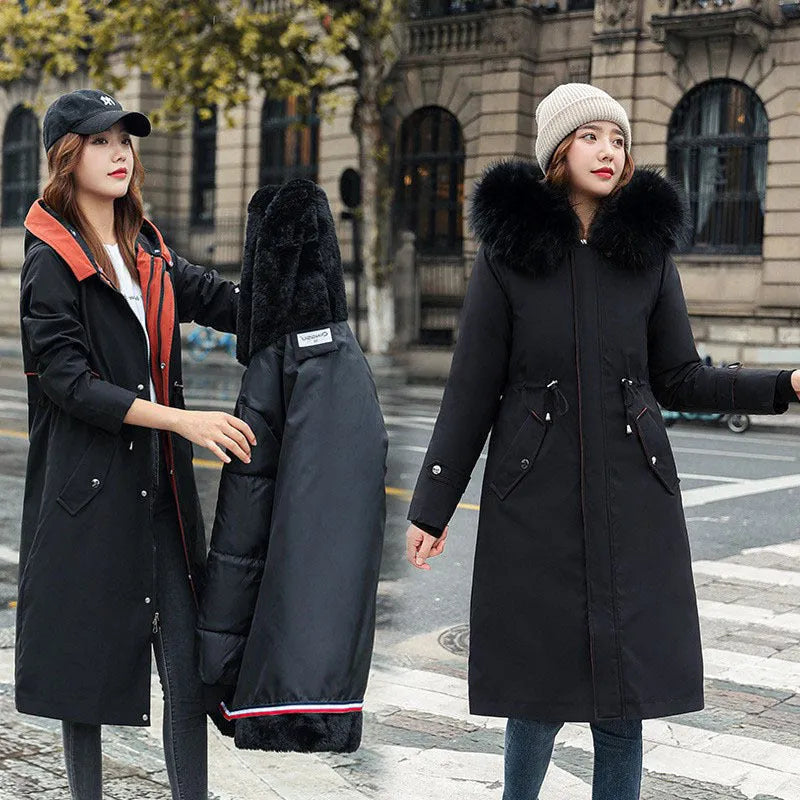 Women's long beige trench coat with down cotton filler, 100cm length, and two-way design shown in outdoor setting