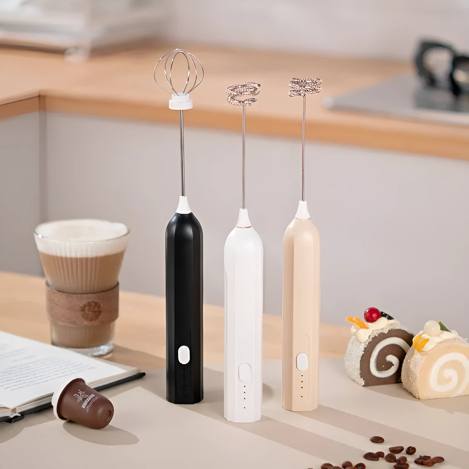 USB rechargeable handheld electric whisk in apricot colour with whisk attachment