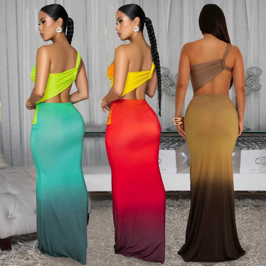 Women's cross-shoulder gradient dress with long skirt and high waist in brown colour option