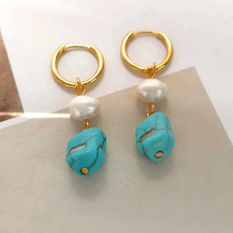 Irregular turquoise ear clips with cultured pearls on copper geometry frame, showing both short and dangle earring options
