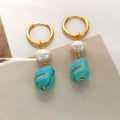 Irregular turquoise ear clips with cultured pearls on copper geometry frame, showing both short and dangle earring options