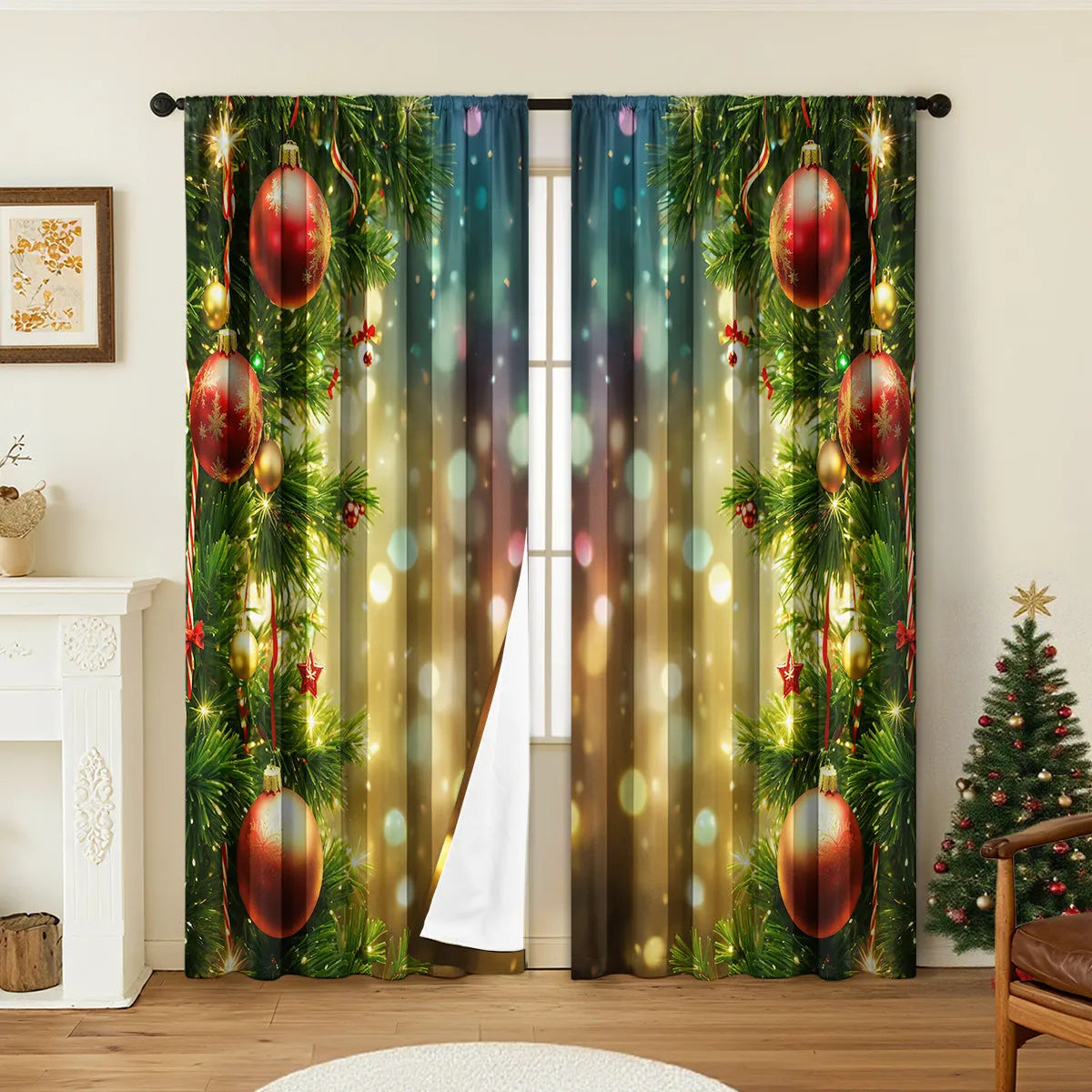 3D digitally printed Christmas curtains pair showing textured festive pattern on polyester fabric