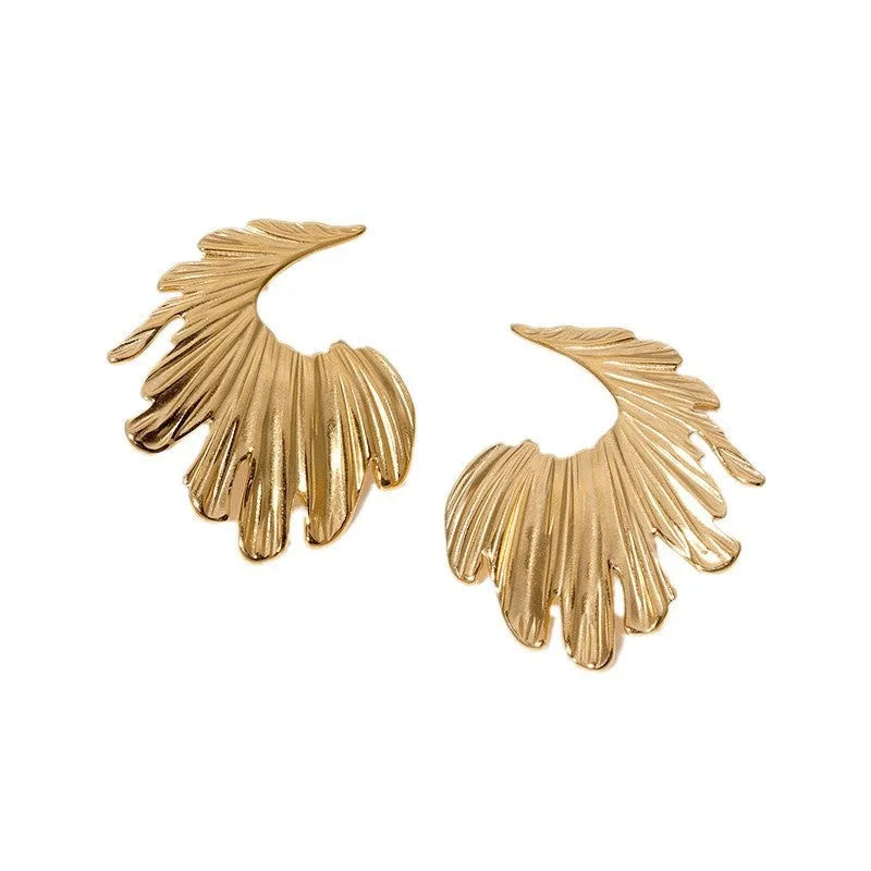 Stainless steel leaf earrings with electroplated finish in gold or steel colour options