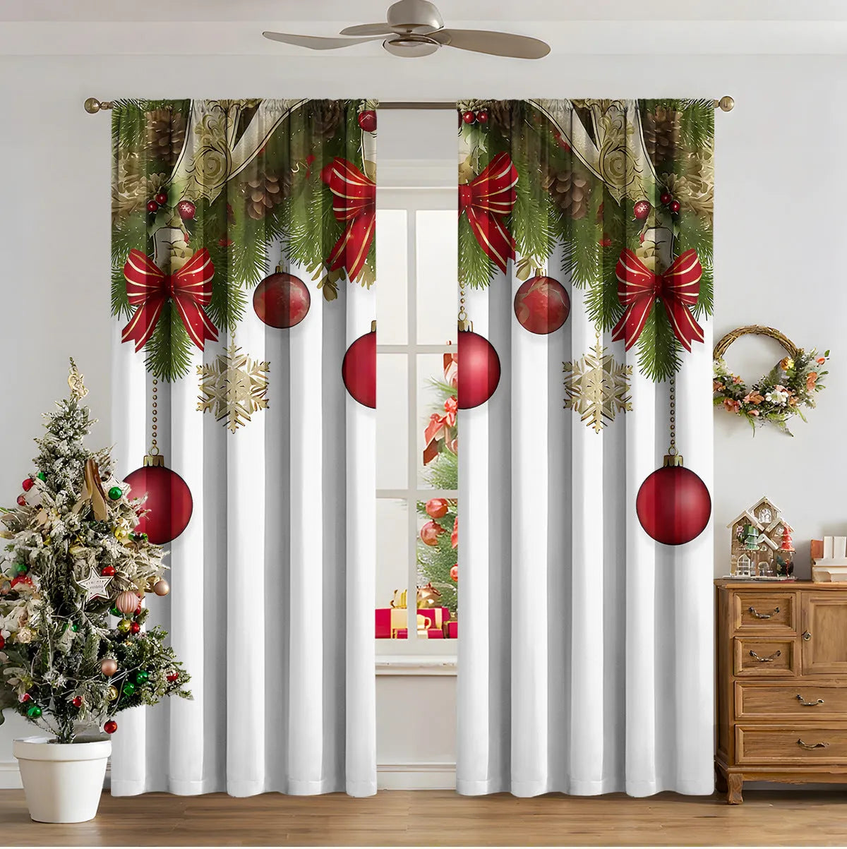 3D digital printed Christmas curtain in a European style, showing modern simplicity design and polyester fabric