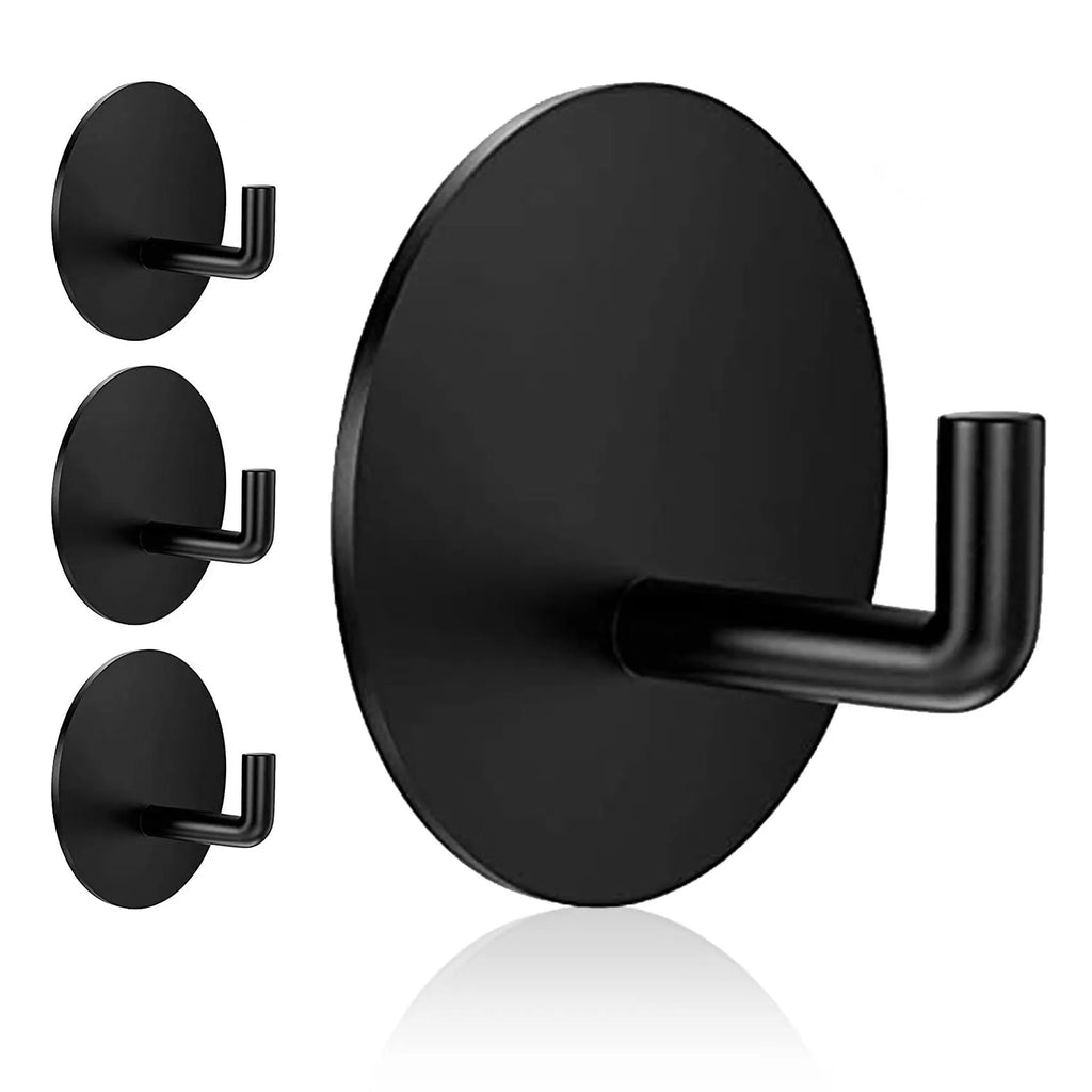 Black and polished stainless steel self-adhesive hooks for bathroom and kitchen organisation with 3kg load capacity