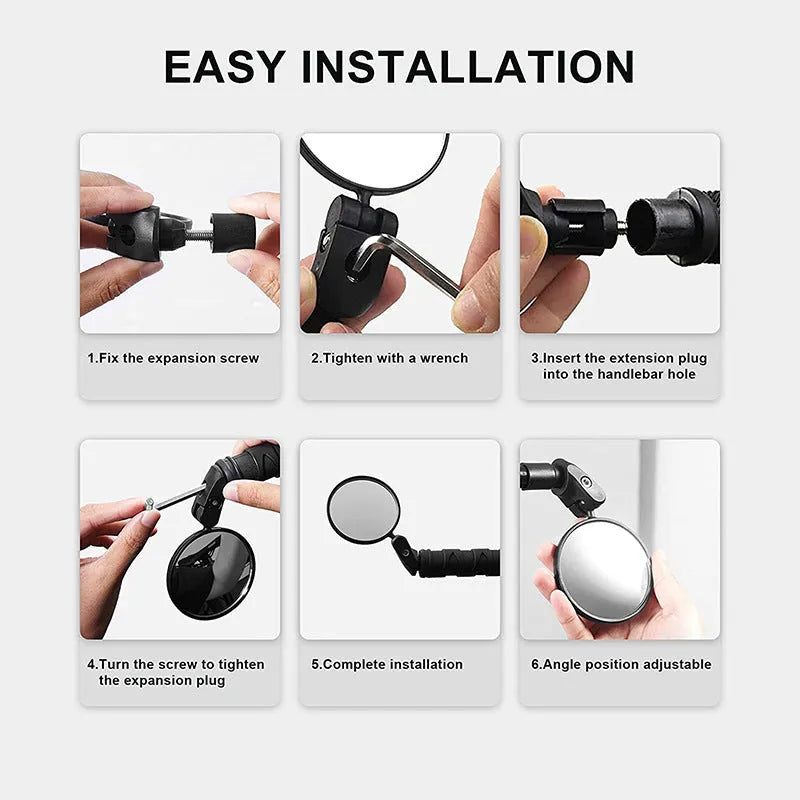 Foldable convex rearview mirror for bicycle handlebars, made of black ABS plastic.
